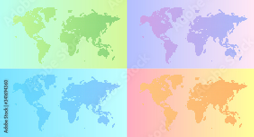 四角いドットで構成された世界地図-カラフルセット