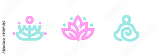 Vector logo templates set of stylized meditating human silhouettes and blooming lotus flower. Abstract simple emblem for yoga, meditation, relaxation, inner concentration or spiritual practice