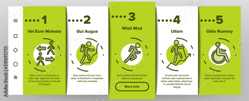 Walk People Motion Onboarding Icons Set Vector. Human Walk With Dog And Luggage, With Case And Backpack, Crosswalk And Stairs Illustrations