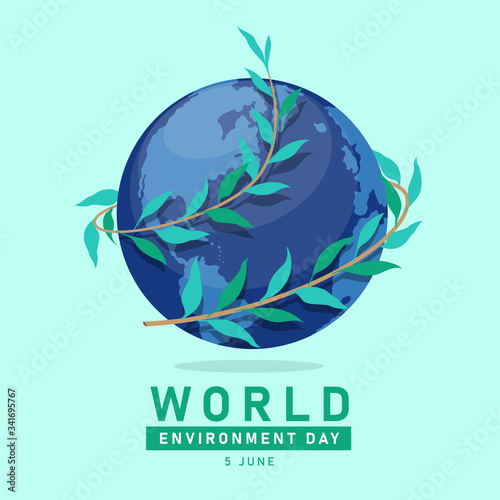 world environment day banner with vine leaves wrapped around globe world vector design