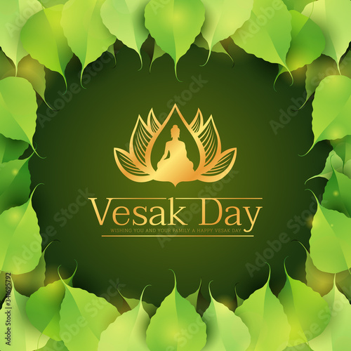 Vesak day banner - gold buddha in lotus sign on green bodhi leaves around frame