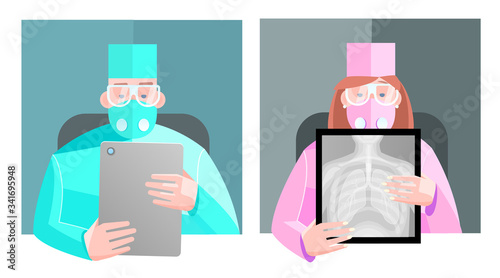 Vector stock image. Doctor is looking at an x-ray of the lungs, consultation. Making advertising and informational literature of web articles and printed materials.