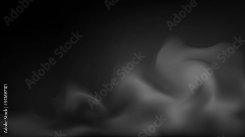 Background with vector steam or smoke with black backdrop, clubs of fog