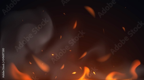 Vector flames and sparks on a dark background, orange fire with smoke