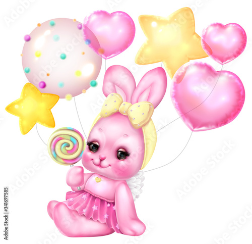 Kawaii Bunny with balloons. Character for a greeting card. Baby's birthday.