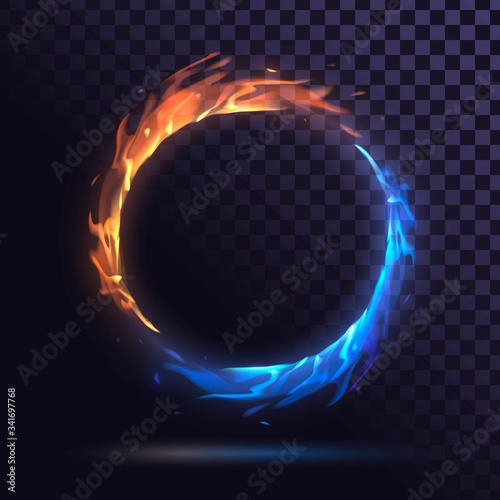 Ring with blue and red fire, burning round frame on a transparent background