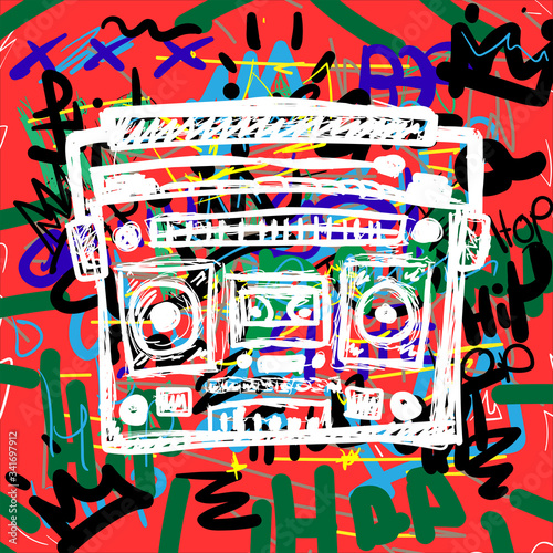 Colorful poster with sketch of cassette recorder on background with text Hip Hop, crowns and abstract elements. Drawn by hand. Vector illustration.