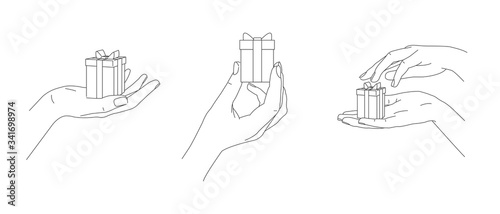Illustration of line drawing of a hand holding a small gift box in three foreshortening gesture positions, realistic line graphic, isolated