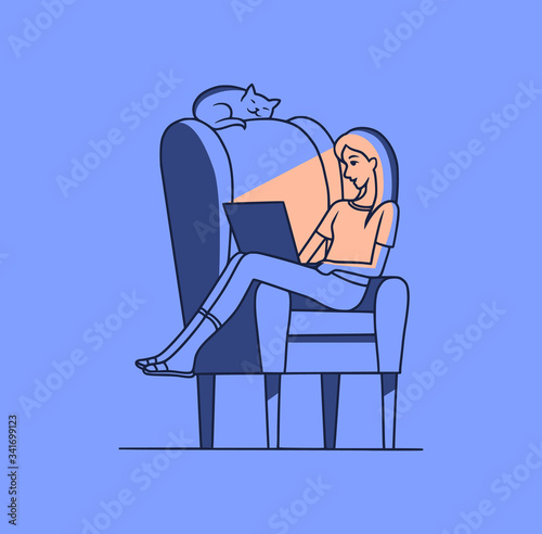 Vector illustration of a young woman sitting in a chair with a laptop at night, alone. The cat sleeps on the back of the chair. Home Isolation concept. Flat cartoon style.
