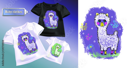 
Fashion print for kids t-shirts. Artistic image of a white llama alpaca. Vector illustration of realistic kids t-shirts. Isolated image of a printable pattern for clothes.