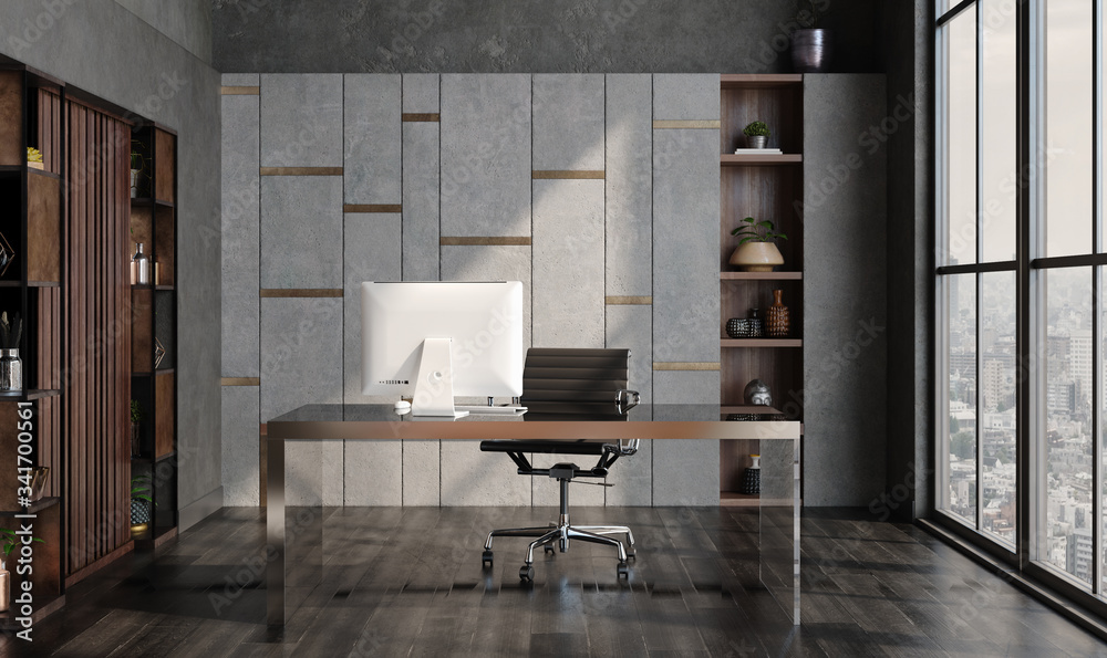 Modern home office interior in loft, industrial style, 3d render Modern home office interior in loft, industrial style, 3d render