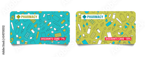 Colorful discount cards or loyalty programme club cards or vouchers with drug medical line icons pattern on the backdrop, layout template back and front