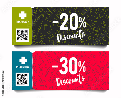 Advertising promotion flyers with discount interest and medical line icons on the backdrop with torn-off part, sale invitation template for drugstore or pharmacy