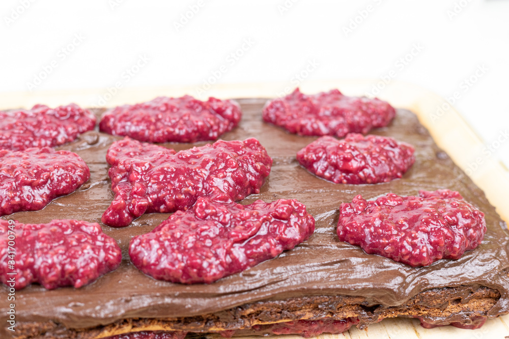 Chocolate cake with Raspberry gelatin cream on the top Chocolate cake with Raspberry gelatin cream on the top