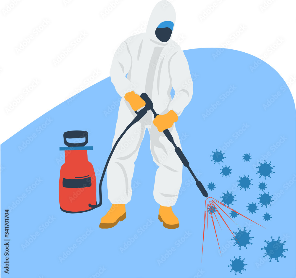 Antiviral disinfection service concept. Vector image of a man in a protective suit works with a special chemical composition.