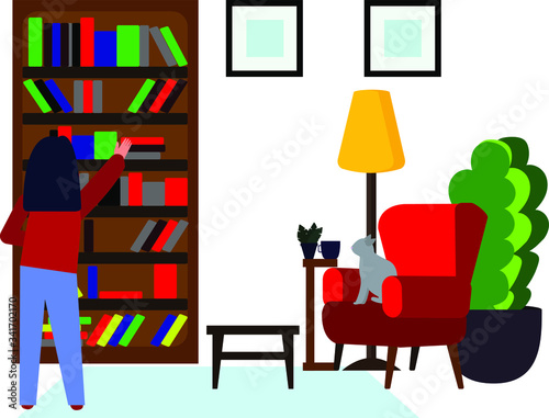A woman takes a book from a bookcase. The concept of home stay