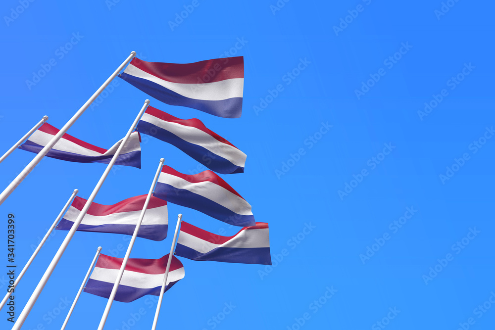 Netherlands flags waving in the wind against a blue sky. 3D Rendering