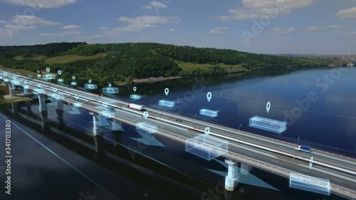 Logistics, delivery and transport of goods and parcels by means of transport, van and truck. Aerial view on bridge highway road with cars and infographic, motion graphic.