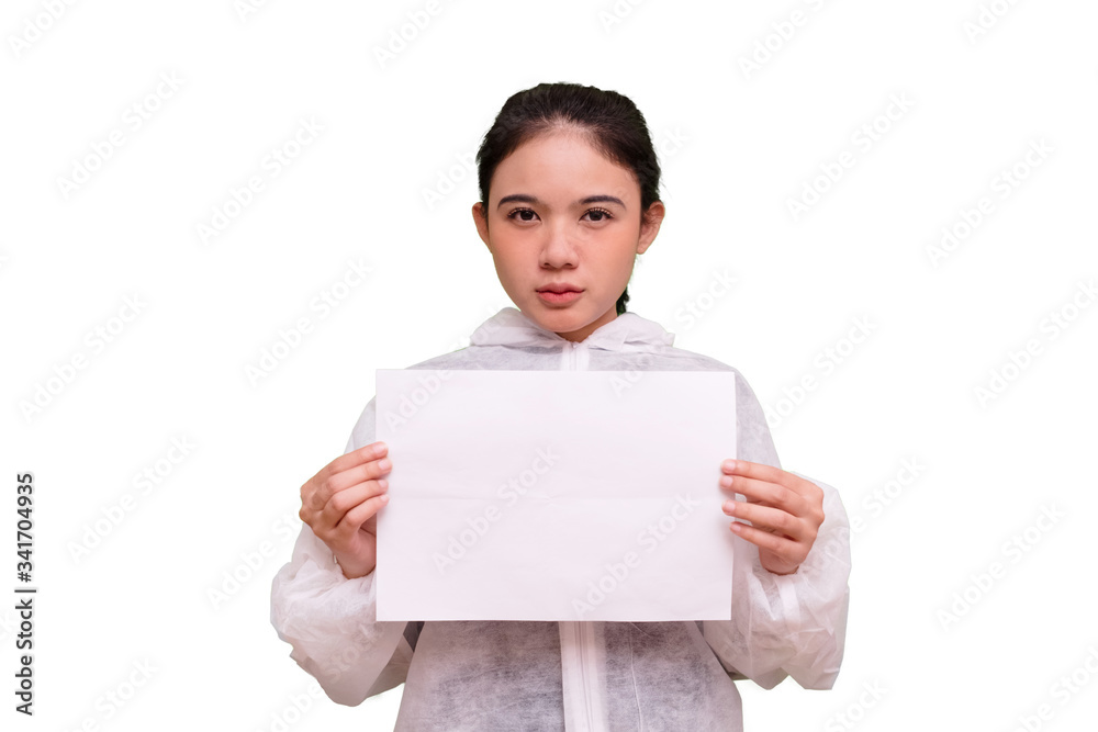 Isolated Nurse holding blank paper wearing PPE disposable coverall with mask smiling look at camera.Pandemic 2019 Coronavirus 2019-nCoV. Isolated Nurse holding blank paper wearing PPE disposable coverall with mask smiling look at camera.Pandemic 2019 Coronavirus 2019-nCoV.