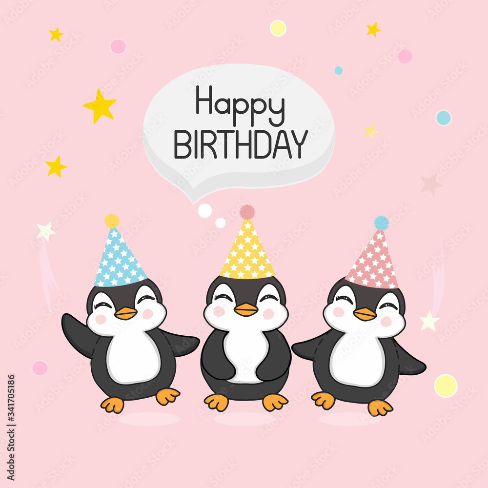Happy cute Penguins celebrate birthday. Vector illustration
