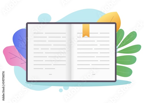 Book open pages with text or textbook paper with bookmark vector flat cartoon illustration on colorful background, encyclopedia or schoolbook literature, notepad or notebook notes idea