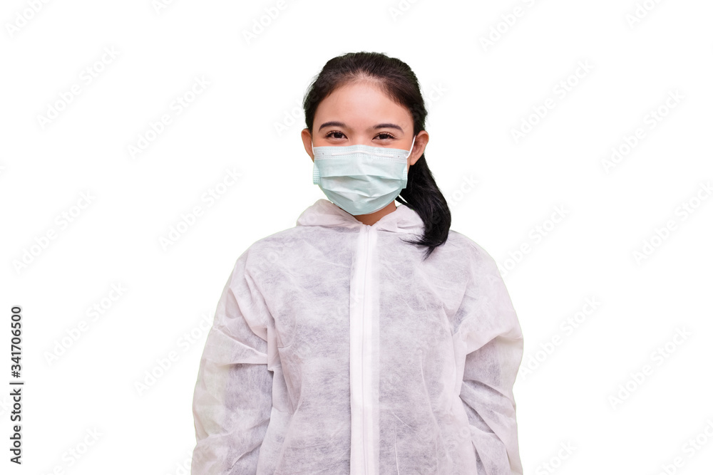 Isolated Nurse wearing PPE disposable coverall with mask and googles smiling look at camera on white background. Pandemic 2019 Coronavirus 2019-nCoV. Isolated Nurse wearing PPE disposable coverall with mask and googles smiling look at camera on white background. Pandemic 2019 Coronavirus 2019-nCoV.