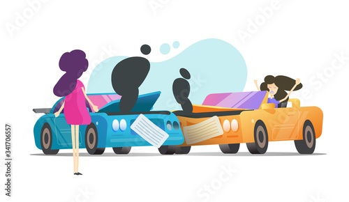 Car crash collision and two arguing women vector or vehicles accident with people scene and broken automobiles flat cartoon illustration, disputing lady girl and broken auto modern image isolated
