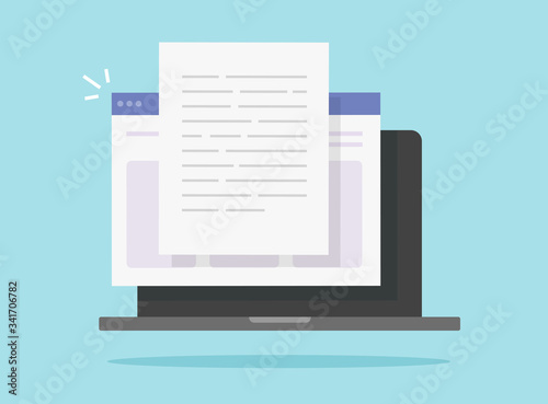 Writing digital text content online vector on laptop computer icon or creating essay internet web document or book on pc flat illustration, copywriting or text file editing concept modern design