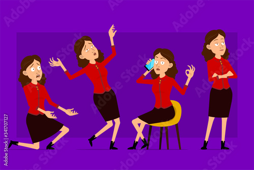 Cartoon flat funny cute business woman character in red shirt. Ready for animations. Tired office girl working and talking on phone. Isolated on violet background. Big vector icon set.