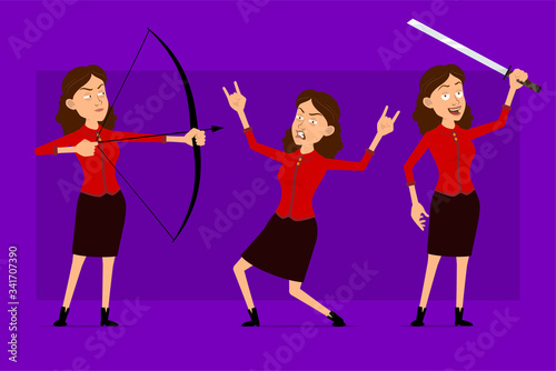 Cartoon flat funny cute business woman character in red shirt. Ready for animations. Rock and roll girl with asian sword, bow and arrow. Isolated on violet background. Big vector icon set.