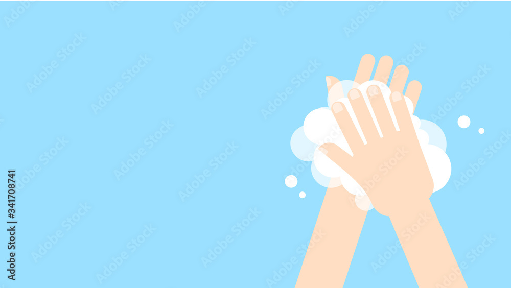 Washing hands with soap in flat style on blue background.