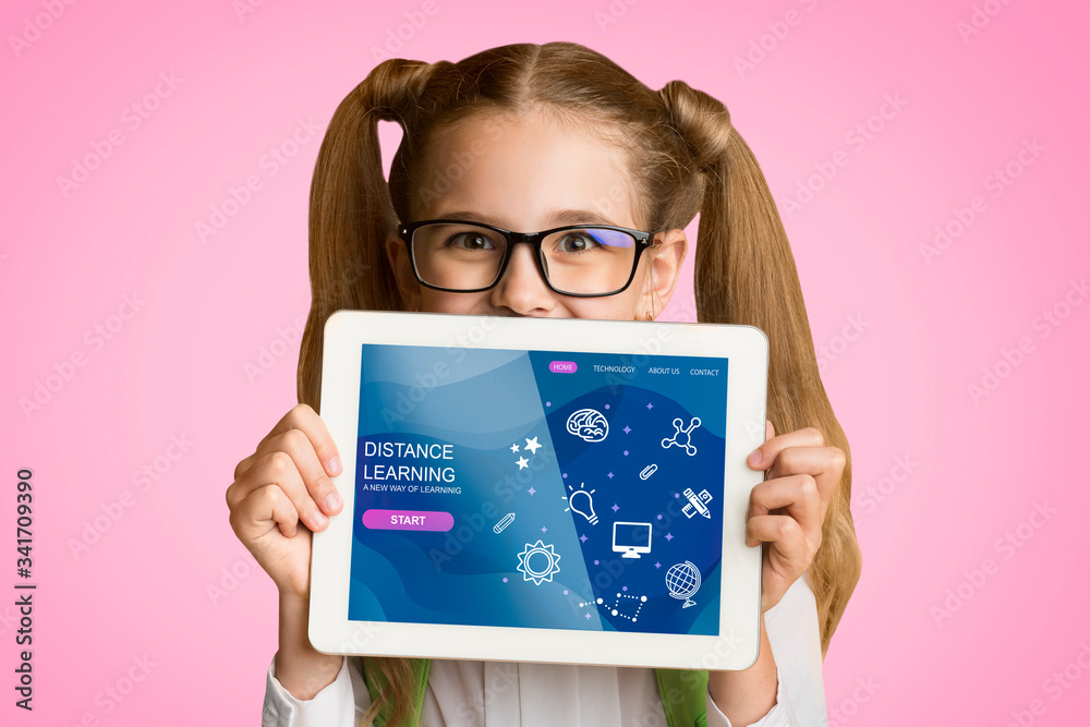 Funny schoolgirl showing tablet computer with distance learning class on screen, pink background. Collage