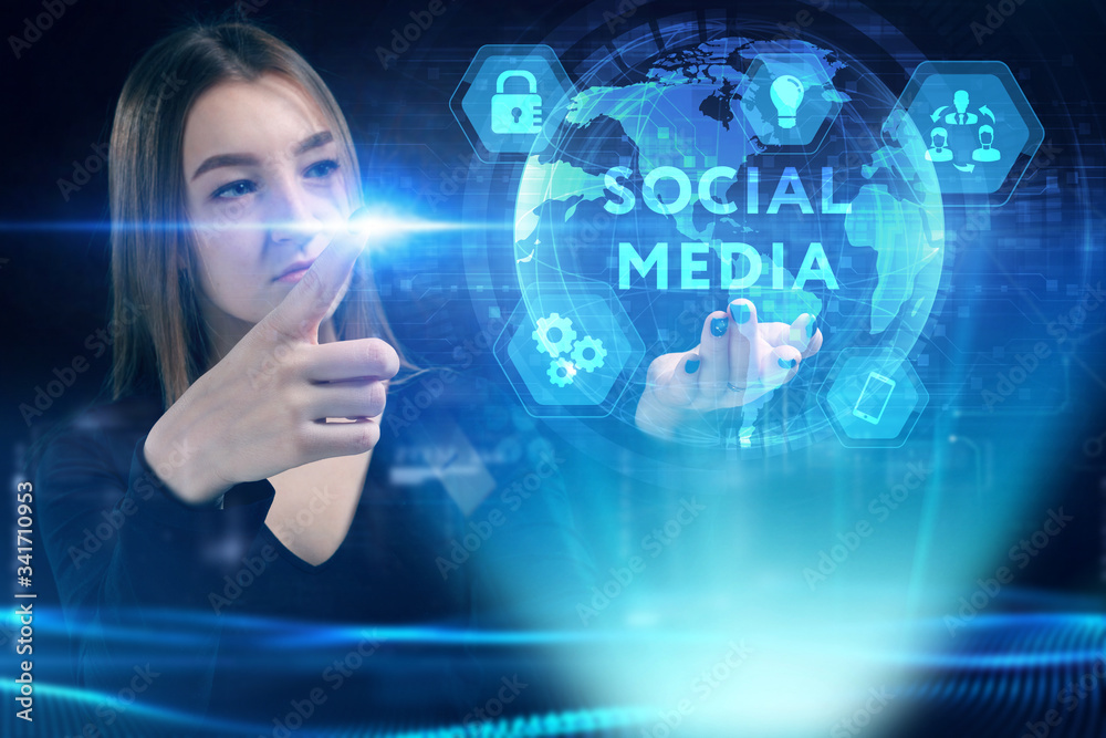 Business, Technology, Internet and network concept. Young businessman working on a virtual screen of the future and sees the inscription: Social media Business, Technology, Internet and network concept. Young businessman working on a virtual screen of the future and sees the inscription: Social media