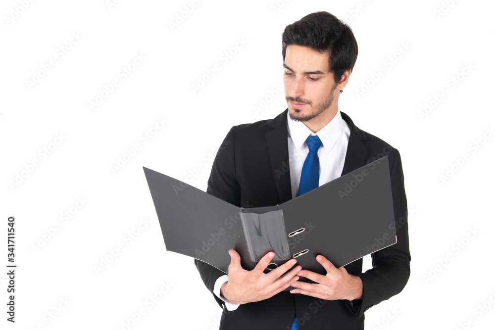 Caucasian business man hilding book isolated on white background Caucasian business man hilding book isolated on white background