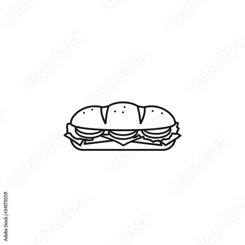 Hoagie or sub with tomato, lettuce, ham, cheese isolated vector line icon