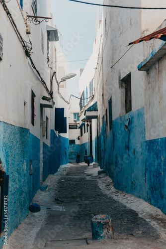 Small cozy streets in blue and white on a sunny day in the old city (medina) Kasbah of the Udayas (Oudaia). UNESCO heritage site. Rabat, Morocco © Josep