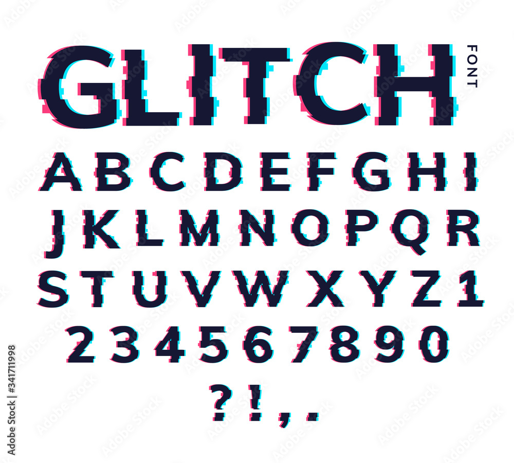 Glitch font letter game digital pattern. Glitch alphabet hipster font cool typography vhs effect