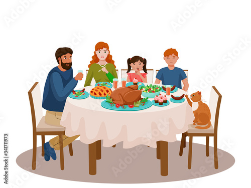 Happy family having a Thanksgiving dinner together. Vector illustration