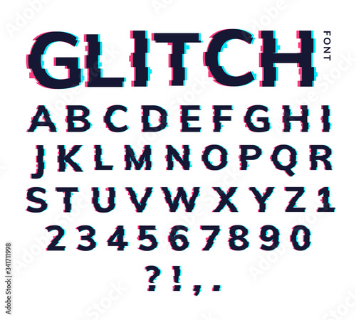Glitch font letter game digital pattern. Glitch alphabet hipster font cool typography vhs effect