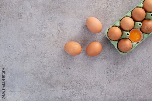 Organic eggs on table, flat lay, background