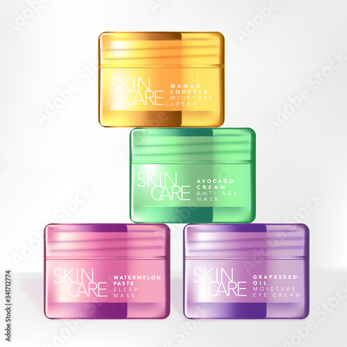 Vector Translucent Pink, Green, Purple and Yellow Glass or Plastic Beauty or Skincare Screw Lid Jar Packaging 