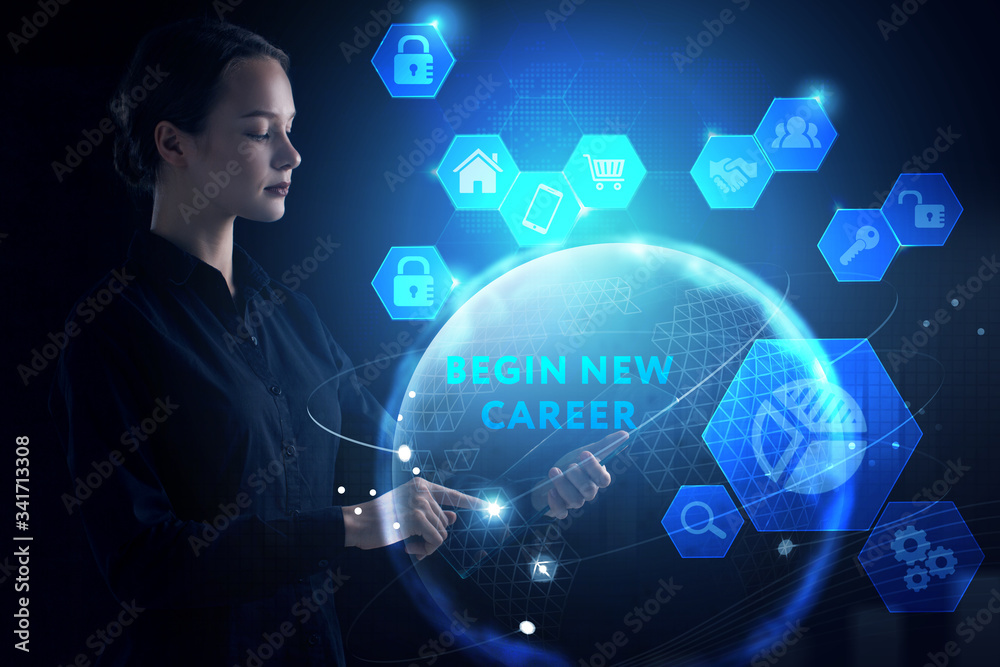 Business, Technology, Internet and network concept. Young businessman working on a virtual screen of the future and sees the inscription: begin new career Business, Technology, Internet and network concept. Young businessman working on a virtual screen of the future and sees the inscription: begin new career
