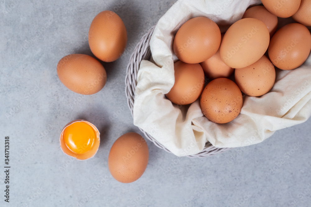 Organic eggs on table, flat lay, background Organic eggs on table, flat lay, background
