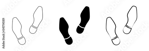 Flat linear design. Trail of footprints from a human foot in a shoe. Black and contour marks. Isolated vector elements.