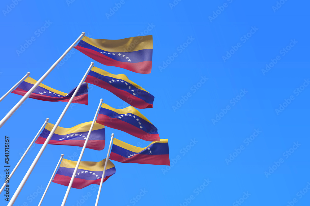 Obraz premium Venezuela flags waving in the wind against a blue sky. 3D Rendering