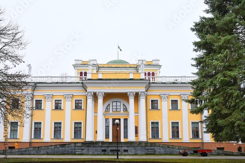 Gomel  Belarus - March 2020. Beautiful Rumyantsev Paskevich Palace in the center of Gomel. Tourist attraction. City park near Rumyantsev-Paskevich Palace. Restored historical building. 