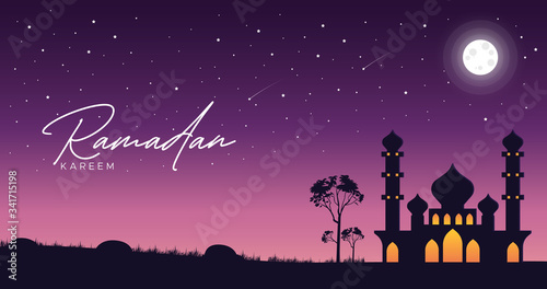 illustration of the night sky and mosque background with Ramadan Kareem greeting text in silhouette style. Moon and stars. Islamic vector background concept.  