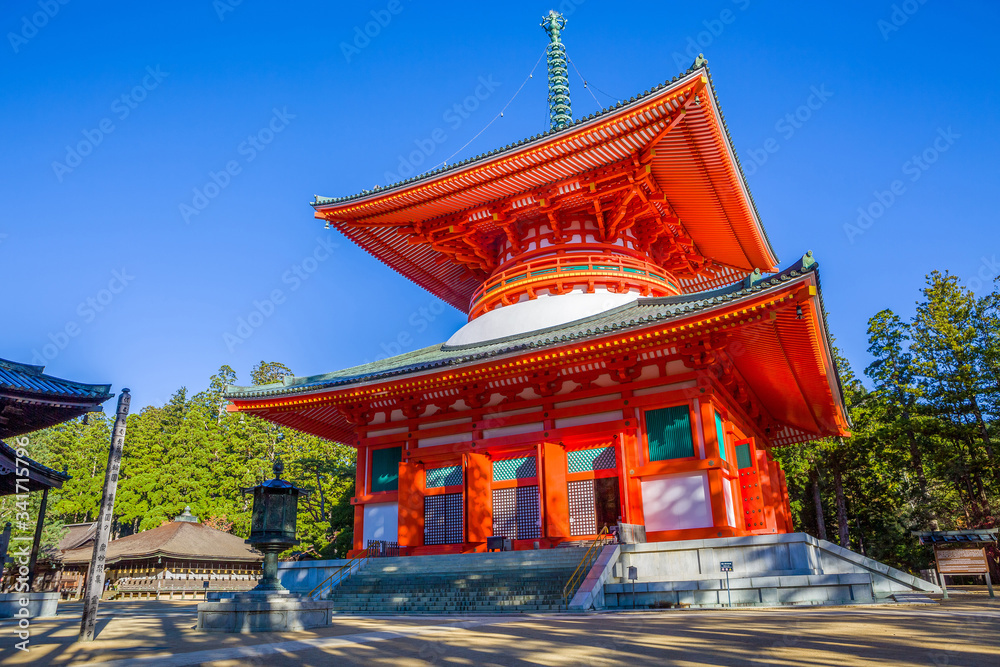 View of the Danjo Garan Sacred Temple Complex, with the Konpon Daito View of the Danjo Garan Sacred Temple Complex, with the Konpon Daito