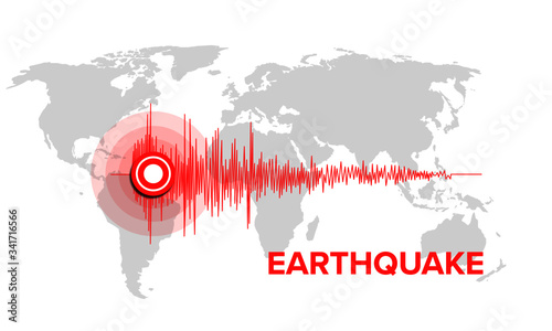 Earthquake seismic wave with silhouette of the world map vector graphic illustration with copy space 