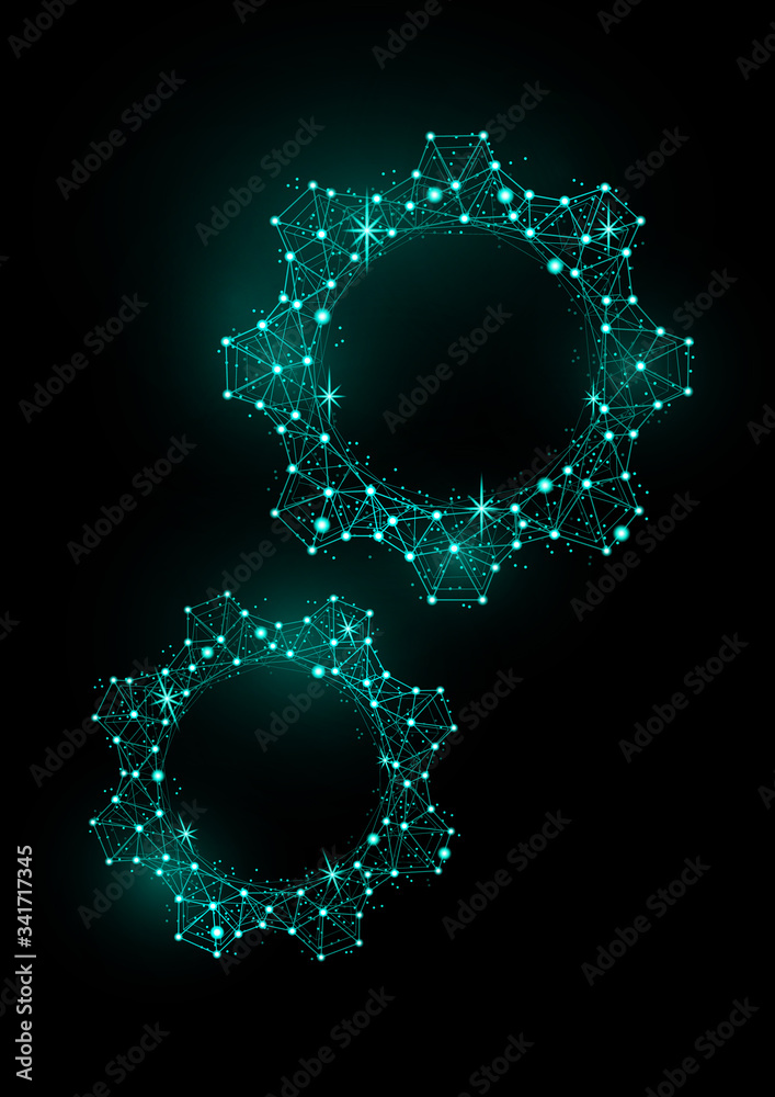 Abstract gear model with backlight on a black background. Shiny frame triangular mesh gear icon. Vector